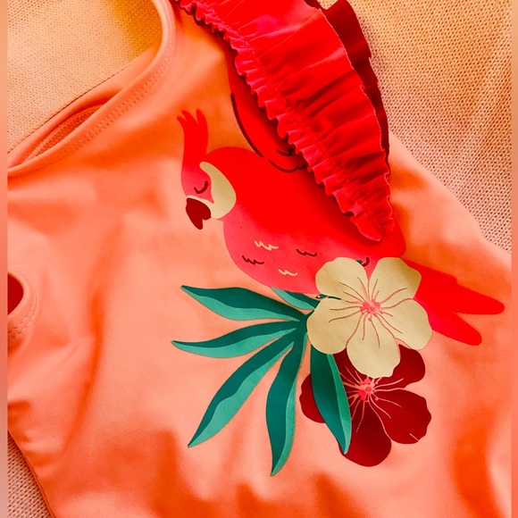 NWOT Cat & Jack Tropical Bird Print Ruffle Sleeve One Piece Pink Swimsuit - Picture 7 of 12